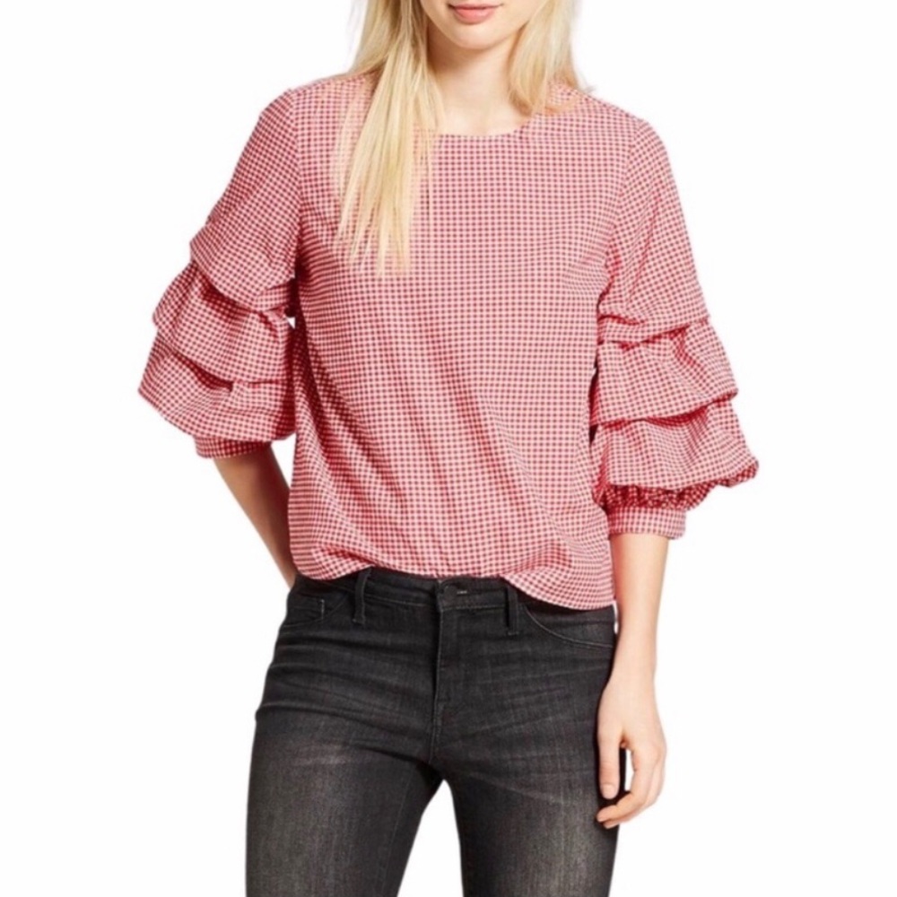 Who What Wear Red White 3/4 Pick-Up Tiered Balloon Sleeve Gingham Checkered Top